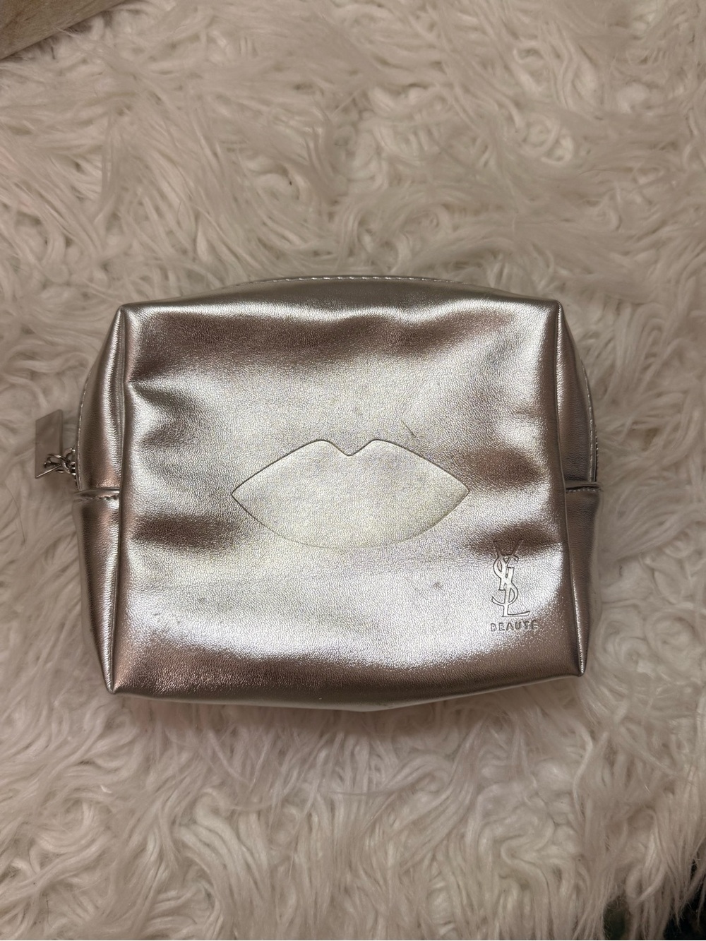 Yves Saint Laurent Metallic Silver Lip-Embossed Cosmetic Pouch